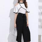 Set: Cut Out Shoulder Elbow Sleeve Top + Plain Wide Leg Pants