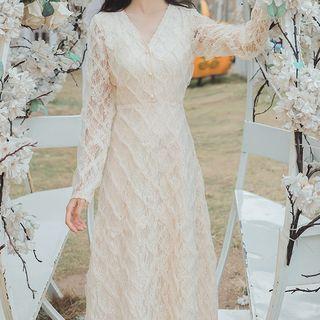 Faux Pearl Button Long-sleeve A-line Midi Lace Dress