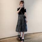 Set: Short-sleeve Knit Top + Floral Midi A-line Skirt