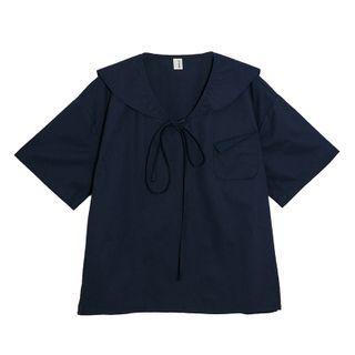 Short-sleeve Blouse Navy Blue - One Size
