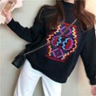 Color-block Embroidered Mock-neck Sweater / Plain Cropped Pants