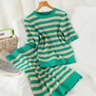 Set: Short-sleeve Striped Ribbed Knit Top + Knit Skirt
