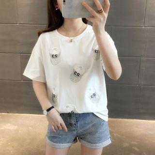 Short-sleeve Rhinestone Cap Print T-shirt