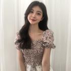 Square-neck Floral Ruched Puff-sleeve Top