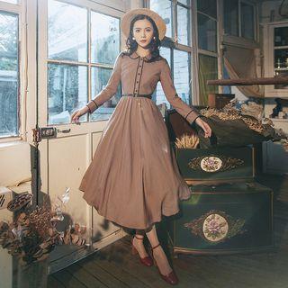 Long-sleeve Midi A-line Houndstooth Dress