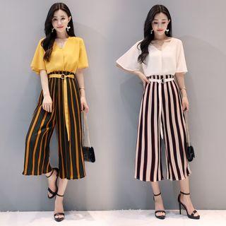 Set: V-neck Elbow-sleeve Top + Striped Wide Leg Pants