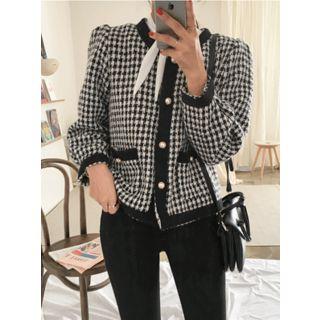 Puff-shoulder Check Cardigan