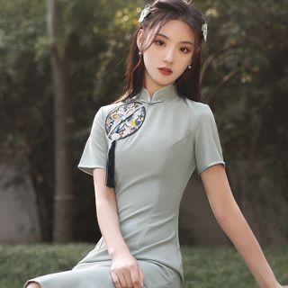 Short-sleeve Tassel Midi Qipao