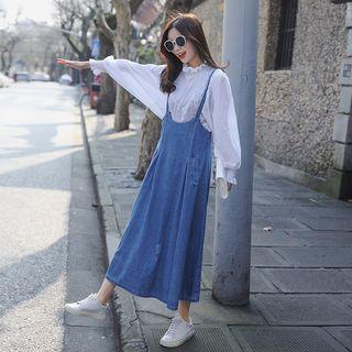 Set: Frill Trim Blouse + A-line Denim Pinafore Dress