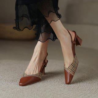 Pointed Houndstooth Block Heel Sandals