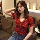 Short-sleeve Dotted Chiffon Top Red - One Size