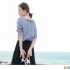 Shirred Sleeve Buttoned Round Neck Chiffon Top