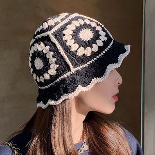 Flower Embroidered Knit Bucket Hat Black - One Size