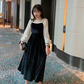 Long-sleeve Chiffon Panel Midi A-line Chiffon Dress
