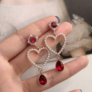 Heart Dangle Earring Stud Earring - 1 Pair - Silver Stud - Red - One Size