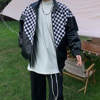 Checkerboard Panel Faux Leather Zip-up Jacket
