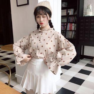 Polka Dot Frilled Neck Long-sleeve Shirt
