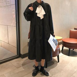Long-sleeve Ribbon Tie Midi Dress