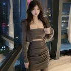 Set: Strapless Cut-out Mini Sheath Dress + Cropped Jacket