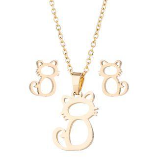 Set: Stainless Steel Cat Pendant Necklace + Dangle Earring