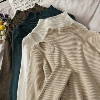 Mock-neck Plain Knit Striped Top