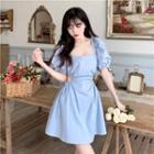 Puff-sleeve Cut-out Drawstring Mini A-line Dress