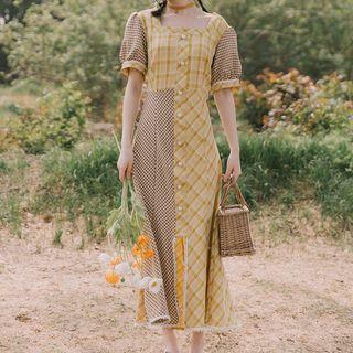 Puff-sleeve Plaid Paneled A-line Maxi Dress