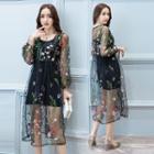 Long-sleeve Embroidered Tulle Dress With Slipdress