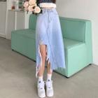 Distressed Gradient Midi A-line Denim Skirt