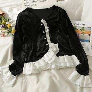 Contrasted Ruffle-trim Velvet V-neck Shirt Black - One Size
