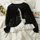 Contrasted Ruffle-trim Velvet V-neck Shirt Black - One Size
