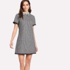 Flower Collared Houndstooth A-line Dress
