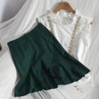 Set: Sleeveless Ruffle Blouse + Mini A-line Skirt