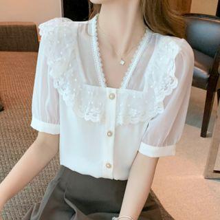 Elbow-sleeve V-neck Lace Trim Chiffon Blouse