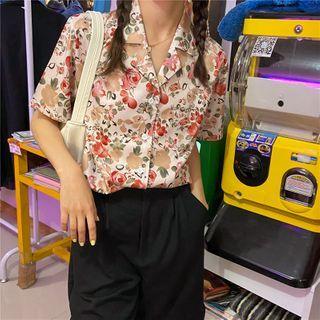 Short Sleeve Floral Printed T-shirt As Shown In Figure - One Size