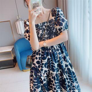 Puff-sleeve Square Neck Leaf Print Shirred Dress