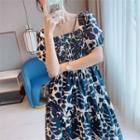 Puff-sleeve Square Neck Leaf Print Shirred Dress