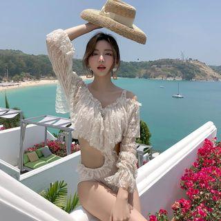 Off-shoulder Ruffled Cutout Lace Swimsuit