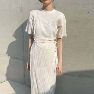 Short-sleeve Round-neck Waist Lace-up Maxi Dress