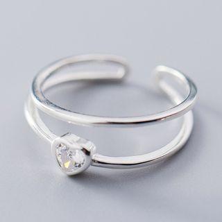925 Sterling Silver Rhinestone Heart Layered Open Ring Ring - One Size