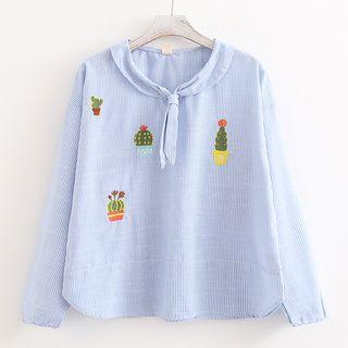 Tie-neck Cactus Embroidery Striped Blouse