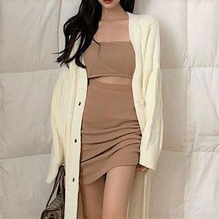 Long-sleeve Cardigan / Tube Top / Mini Fitted Skirt / Set