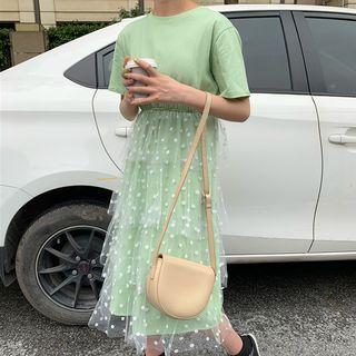 Short-sleeve Mesh Paneled Midi Tiered Dress