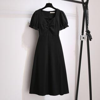 Puff Short-sleeve Ruched Plain Dress