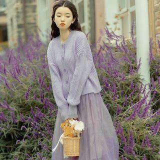 Set: Cardigan + Mesh Overlay Skirt