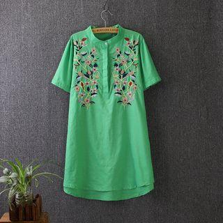 Flower Embroidered Band Collar Short Sleeve Dress