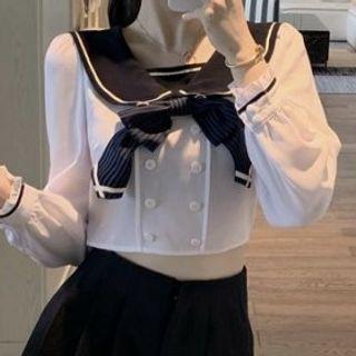 Double-buttoned Bow-accent Sailor Collar Cropped Top