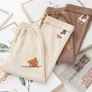 High-waist Bear Applique Straight Leg Pants