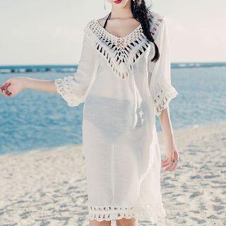 Elbow-sleeve V-neck Beach Cover-up