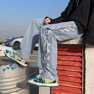 Checkered Panel Washed Loose Fit Jeans